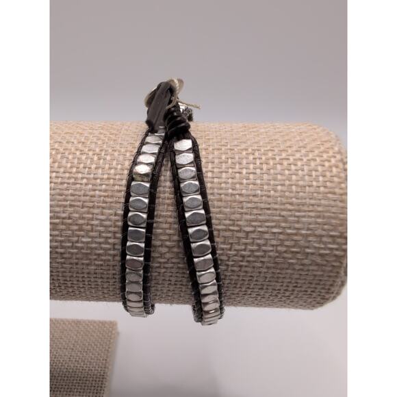 STELLA & Dot Silver Tone nugget Brown Leather Wrap Bracelet 14" - Picture 6 of 6